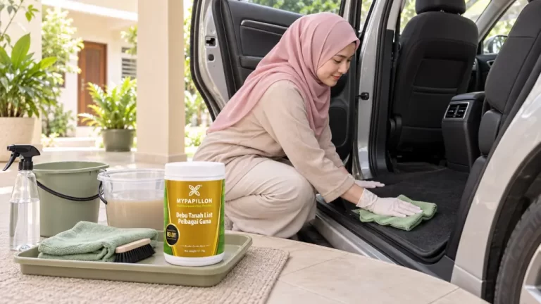 Wanita Muslimah melakukan proses sertu pada karpet kereta menggunakan Debu Tanah Liat MyPapillon