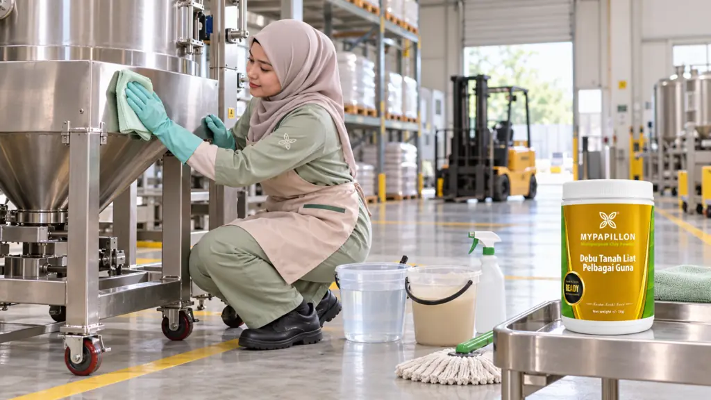 Wanita Muslimah melakukan proses sertu pada peralatan dan mesin di gudang menggunakan Debu Tanah Liat MyPapillon