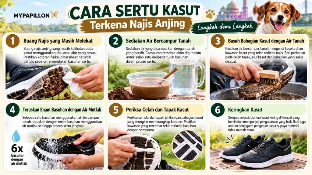 Infografik Cara Sertu Kasut Terkena Najis Anjing