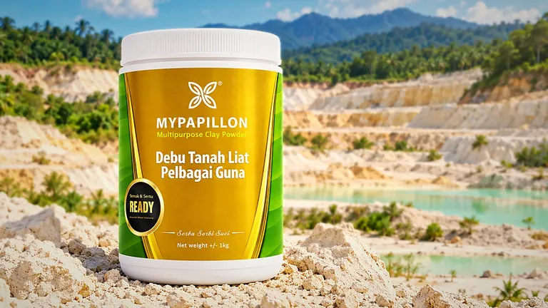Produk MyPapillon Debu Tanah Liat Pelbagai Guna di kawasan lombong tanah liat kaolin di Malaysia.