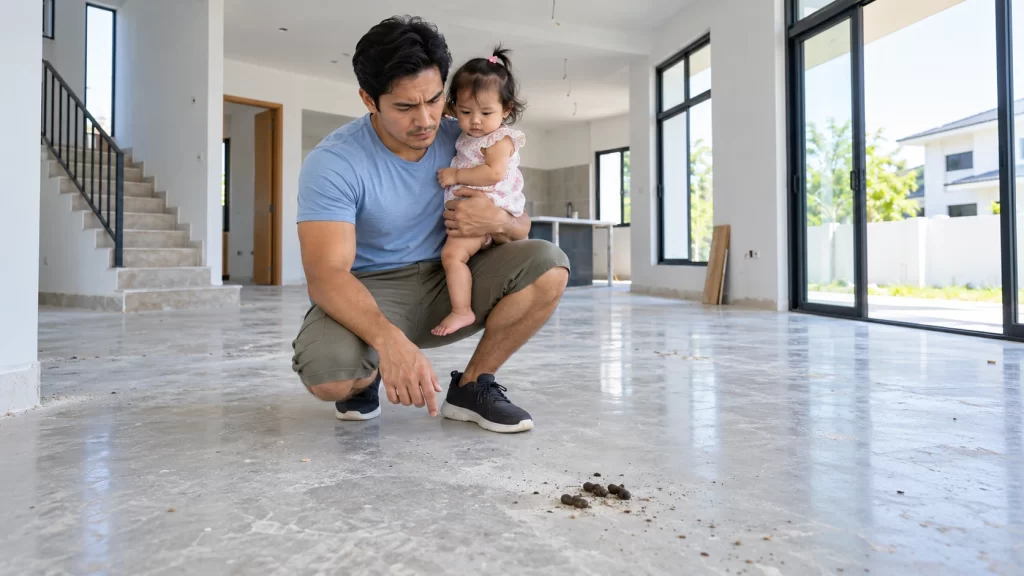 Lelaki mendukung anak perempuan berusia setahun sambil memeriksa kesan najis haiwan di lantai rumah baharu sebelum berpindah.