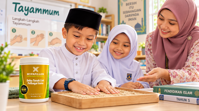 Pembelajaran tayammum Tahun 5 secara amali bersama guru menggunakan debu tanah MyPapillon di dalam bilik darjah.