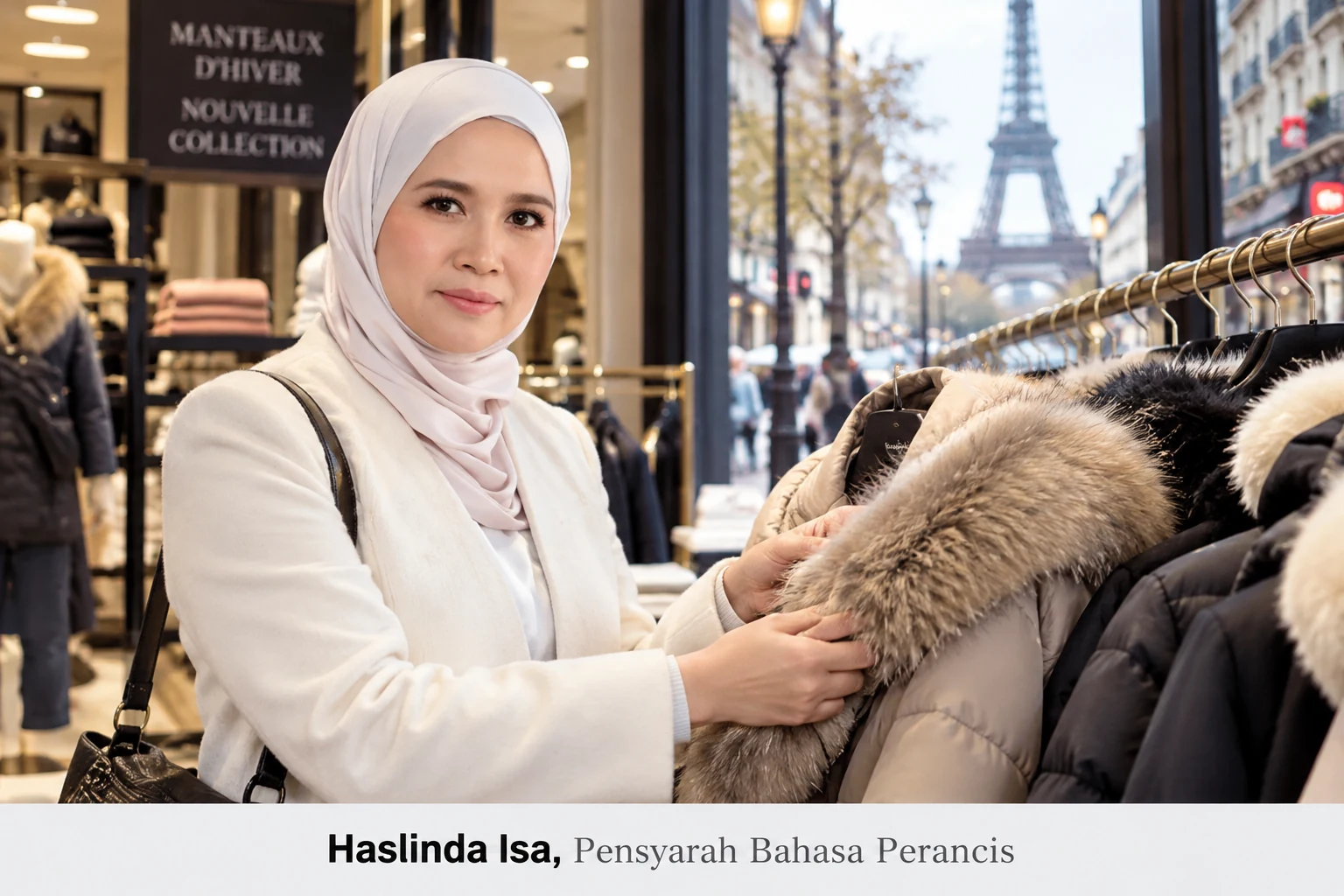 Wanita Muslimah memeriksa label jaket bulu musim sejuk sebelum membeli pakaian untuk bercuti ke negara sejuk