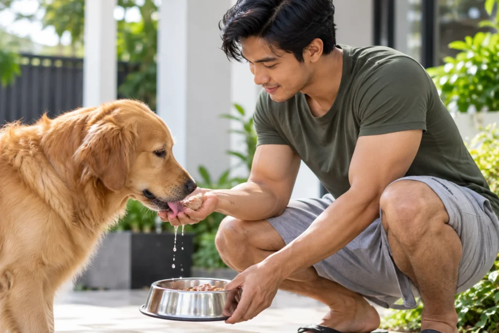 Lelaki memberi makan anjing ketika air liur anjing menitis pada tangannya