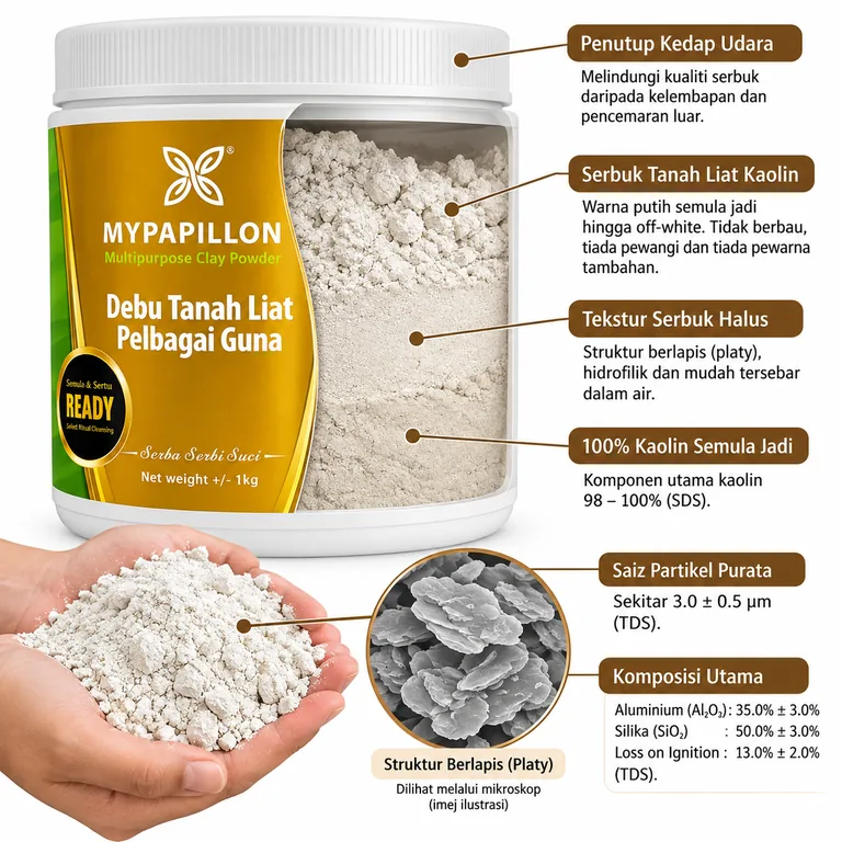 Infografik MyPapillon Debu Tanah Liat Kaolin menunjukkan serbuk kaolin, struktur berlapis, saiz partikel dan komposisi utama.
