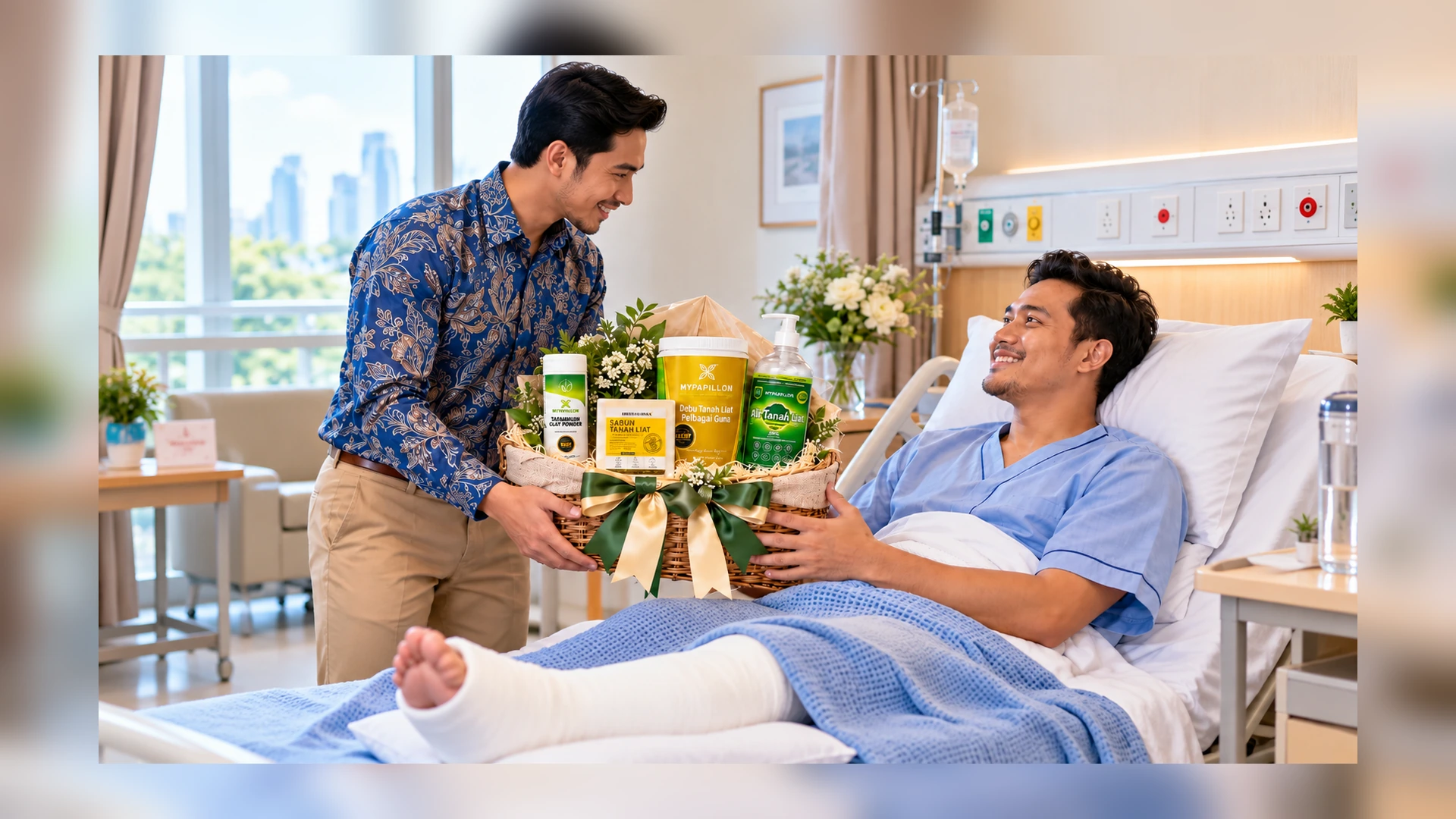 Lelaki berbaju batik biru menghadiahkan hamper MyPapillon yang mengandungi debu tayammum kepada pesakit berkaki bersimen di hospital.