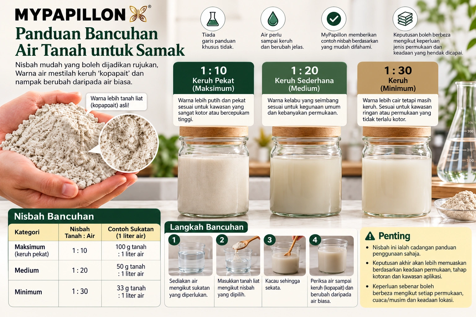 Cara bancuh air tanah untuk samak dan sertu menggunakan nisbah MyPapillon 1:10 maksimum, 1:20 medium dan 1:30 minimum.