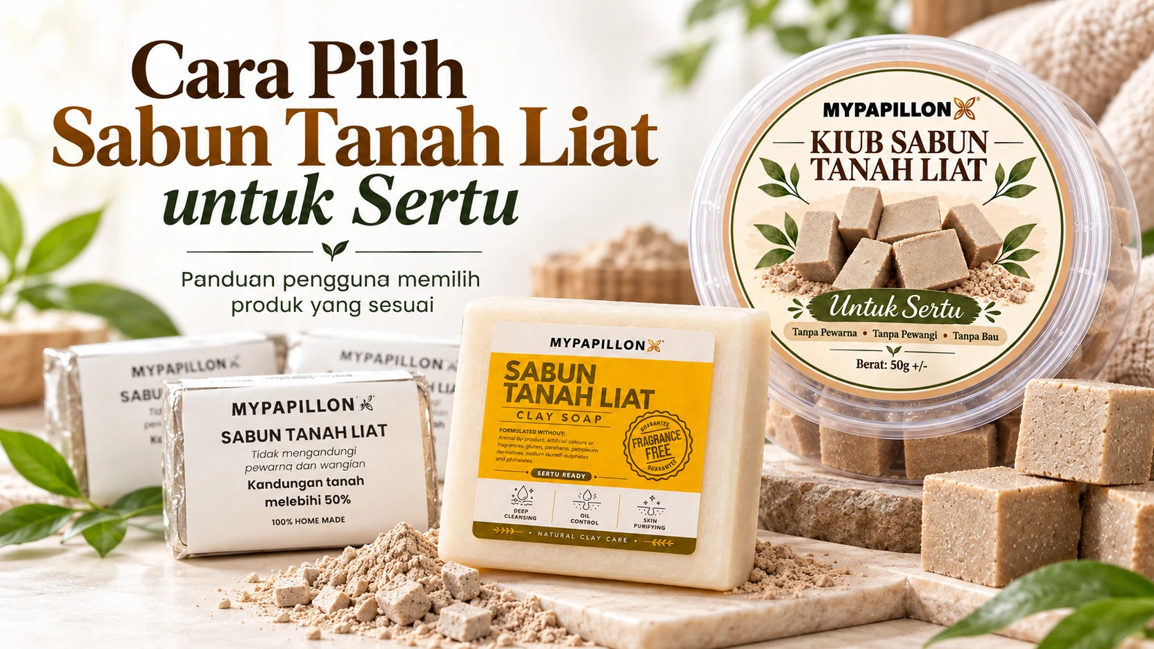 Contoh sabun tanah liat untuk sertu MyPapillon dalam bentuk sabun buku dan kiub sabun tanah liat.